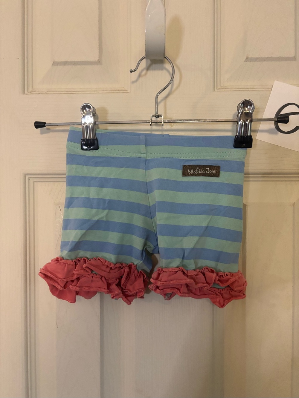 Matilda Jane Light Blue & Mint Stripe Ruffle Shorts with Coral Trim